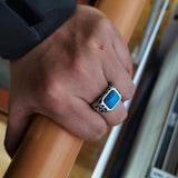 Real Pure 925 Sterling Silver Rings For Men Blue Natural Crystal Turquoise Stone Mens Ring Vintage Engraved Flower Fine Jewelry - GQTORCH Jewelry