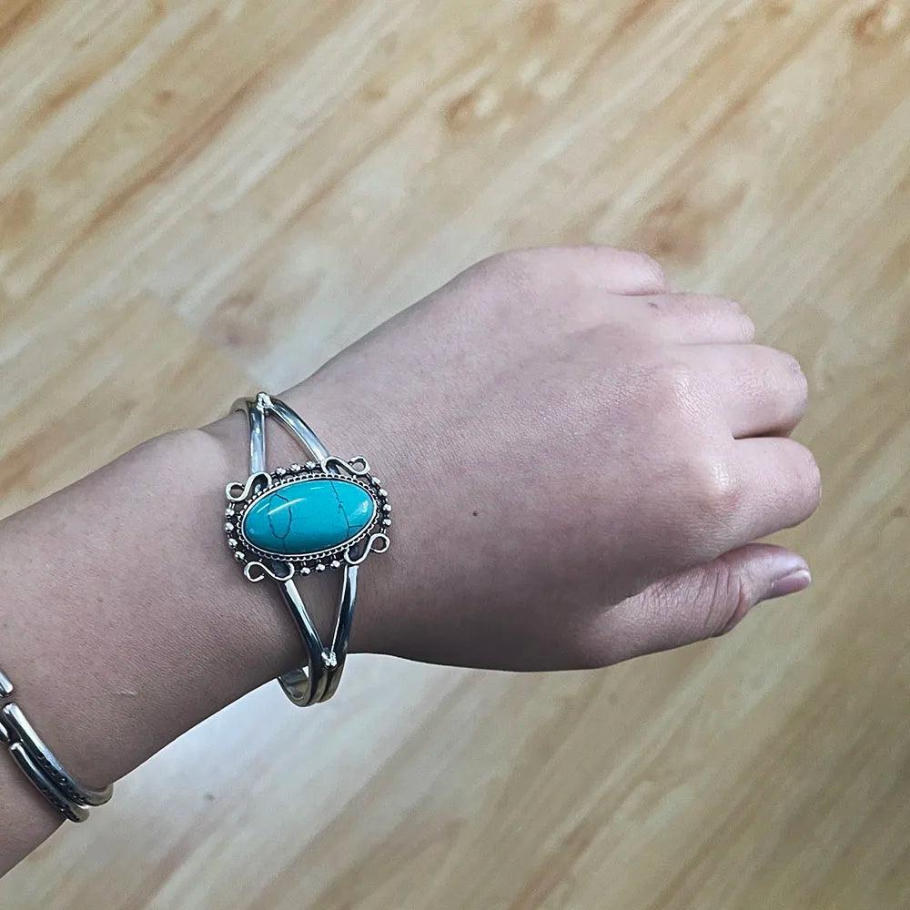 Real 925 Sterling Silver Bella Bangle Adjustable Open Cuff Bracelet With Natural Turquoise Stone Vintage Twilight Jewelry - GQTORCH Jewelry
