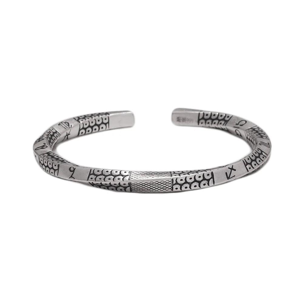 Solid 999 Sterling Silver Constellation Symbol Twisted Bracelet Carved Mobius Open Men Women Bangle Antique Ethnic Jewelry - GQTORCH Jewelry