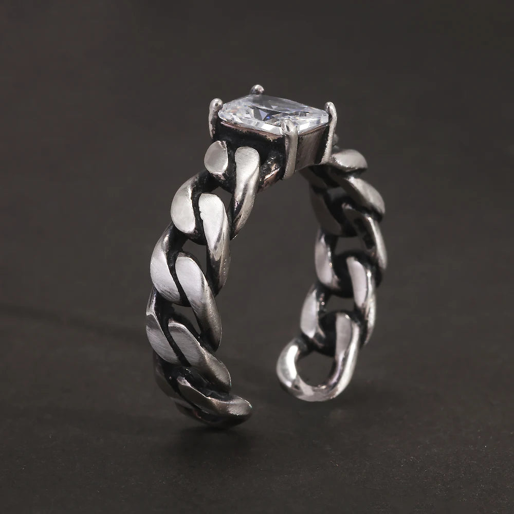 925 Sterling Silver Twisted Braided Ring with White Zircon Shining Square Shaped Thai Silver Color Retro Vintage Fashion Jewelry