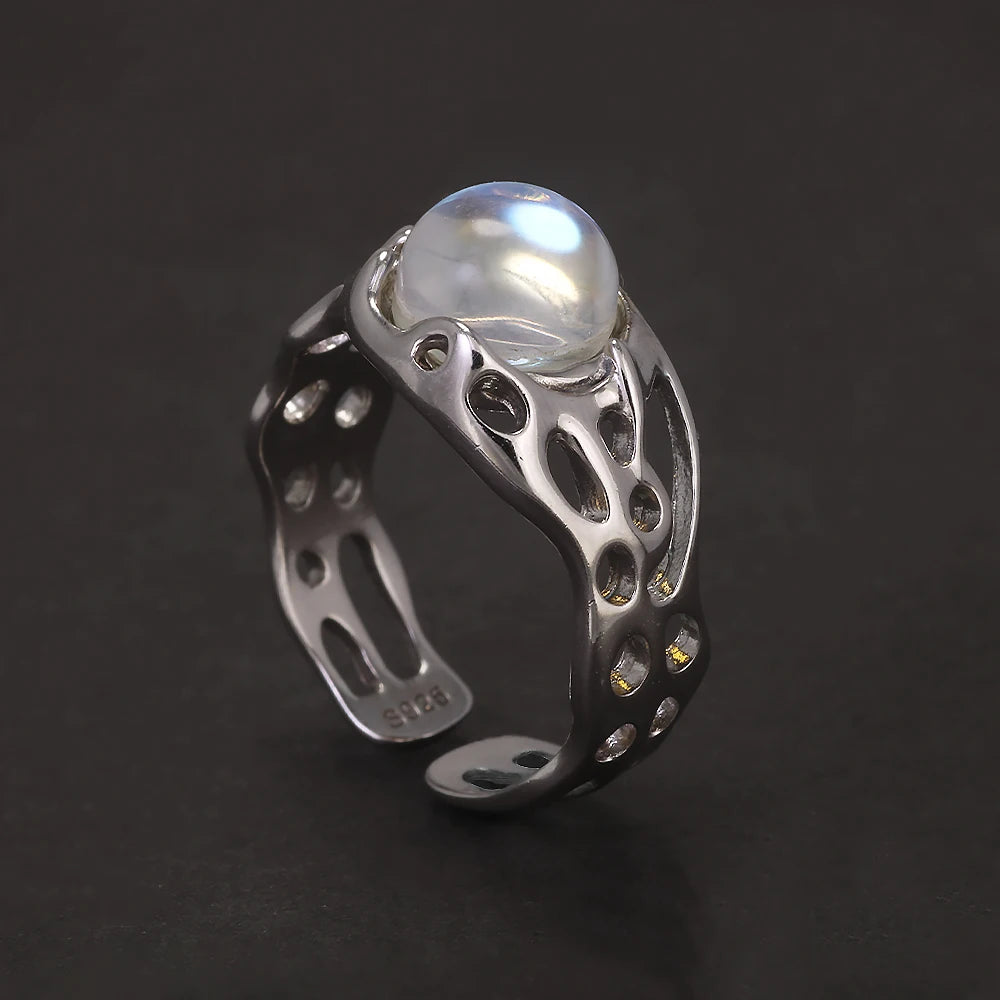 Authenic 925 Sterling Silver Opal Irregular Ring for Women Zircon Finger Rings Adjustable Vintage Y2K Fashion Jewelry