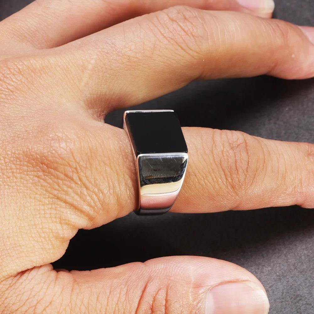 Solid 925 Sterling Silver Square Lapis Lazuli Agate Ring for Men Natural Gemstone Simple Classic Male Jewelry - GQTORCH Jewelry