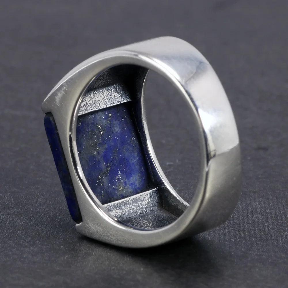 Solid 925 Sterling Silver Square Lapis Lazuli Agate Ring for Men Natural Gemstone Simple Classic Male Jewelry - GQTORCH Jewelry