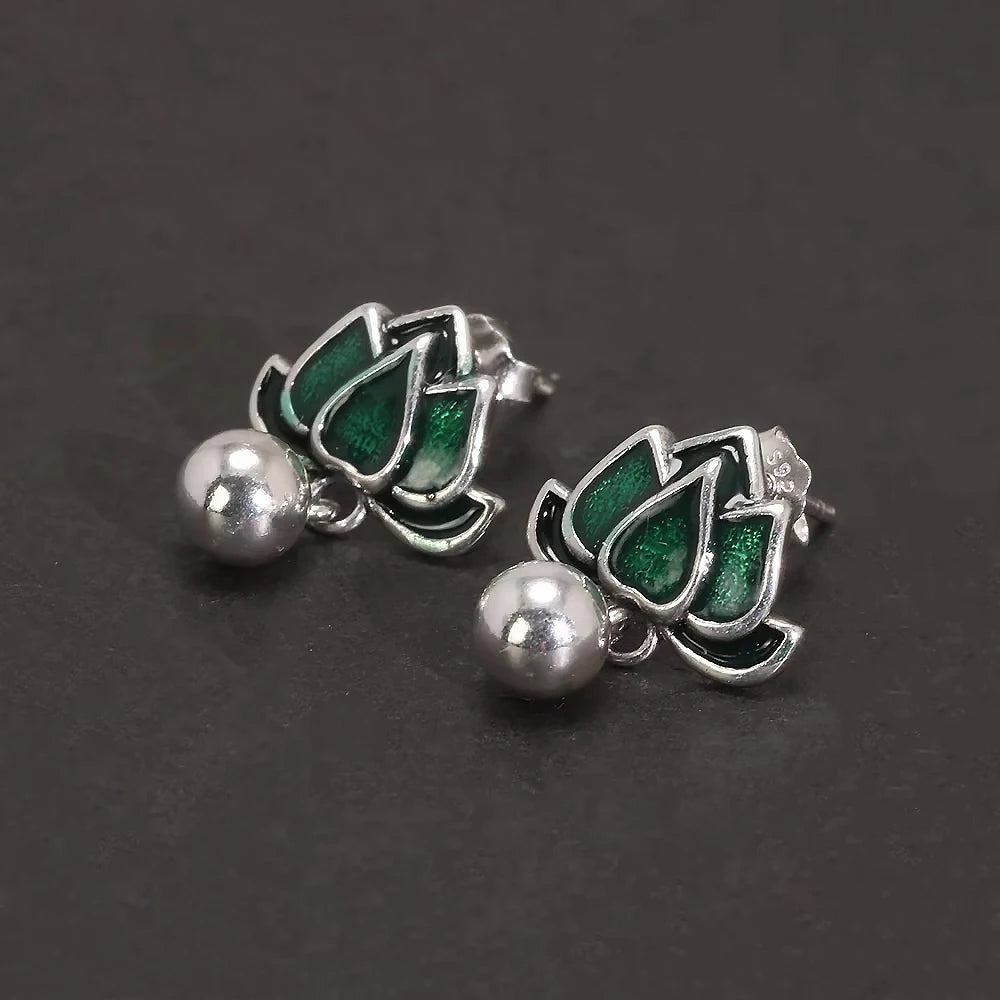 925 Sterling Silver Green Lotus Ring Earrings with Dangle Bead Enameled Women's Vintage Fashion Elegant Jewelry Set