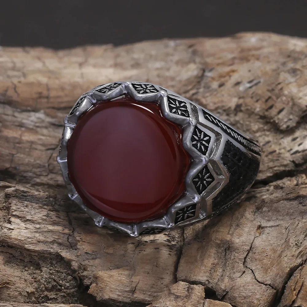 925 Sterling Silver Black Stone Onyx Signet Ring for Men Micro Inlaid Zircon Red Green Agate Ring Luxury Vintage Turkey Jewelry