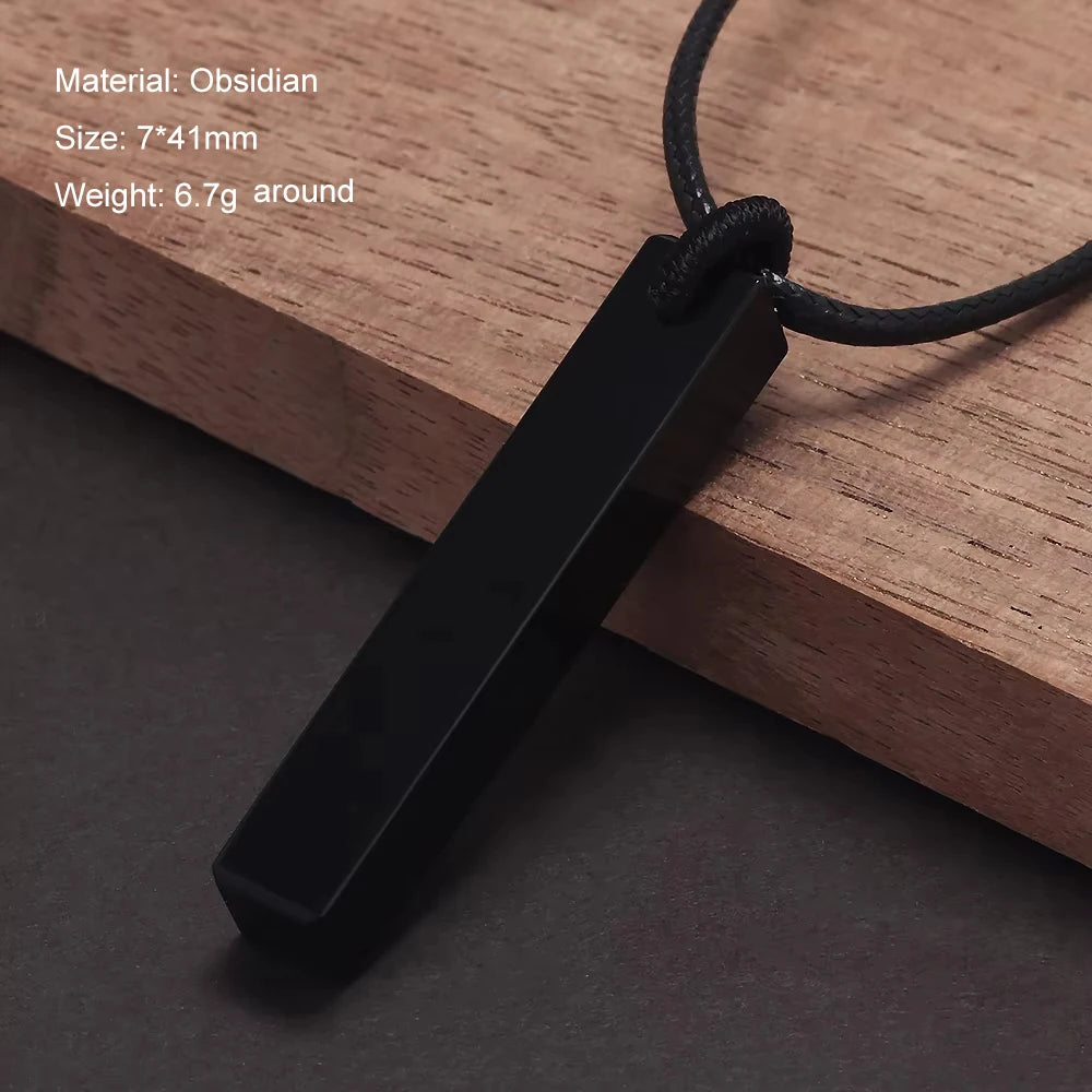 Natural Stone Geometric Pendant Necklace for Men Black Obsidian Blue Sandstone Adjusted Leather Rope Retro Vintage Jewelry