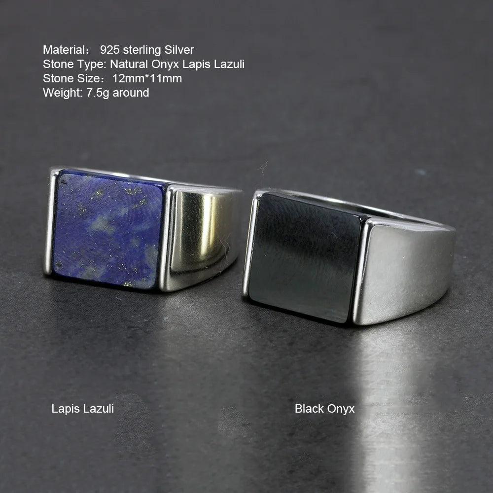 Solid 925 Sterling Silver Square Lapis Lazuli Agate Ring for Men Natural Gemstone Simple Classic Male Jewelry - GQTORCH Jewelry