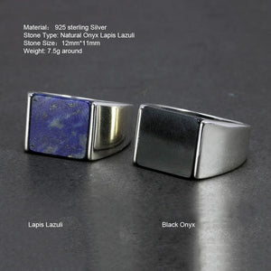 Solid 925 Sterling Silver Square Lapis Lazuli Agate Ring for Men Natural Gemstone Simple Classic Male Jewelry - GQTORCH Jewelry