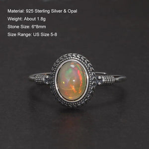 Vintage Opal Thin Ring for Women Antiqued 925 Sterling Silver Oval Shape Gemstone Adjustable Stackable Ring Jewelry Gift - GQTORCH Jewelry