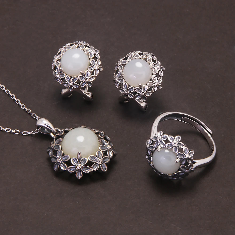 925 Sterling Silver Red Agate or Jade Floral Jewelry Set for Women Begonia Flower Ring Earrings Necklace Elegant Vintage Jewelry