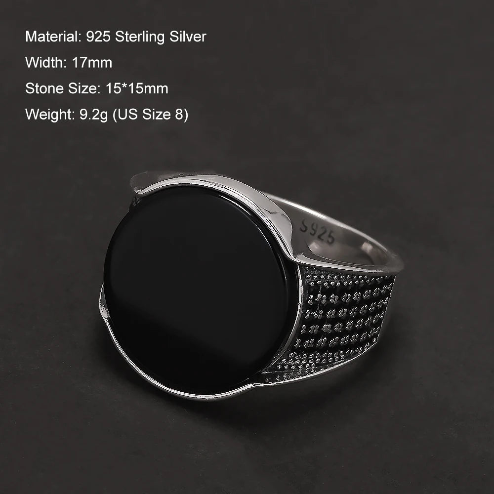 925 Sterling Silver Round Black Onyx Stone Signet Ring for Men Classic Turkish Rings Retro Fashion Punk Wedding Party Jewelry