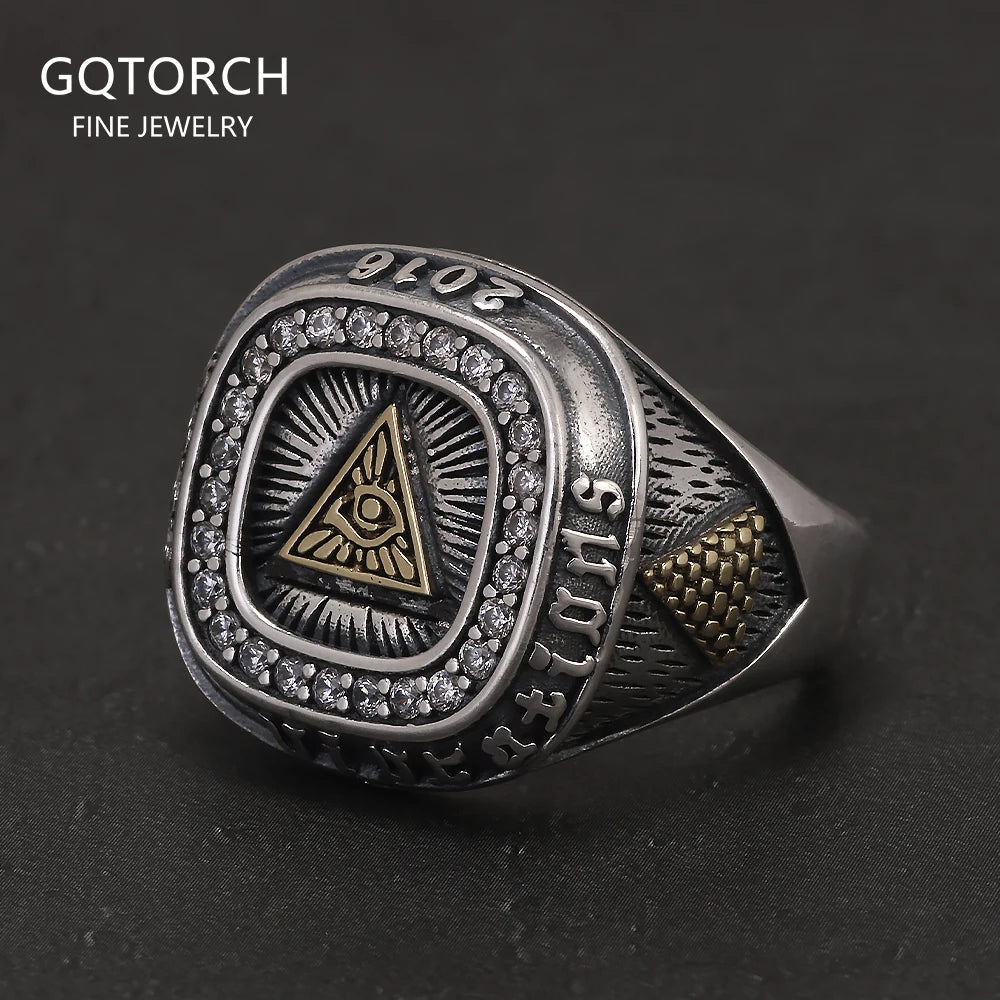 925 Sterling Silver Retro Eye of Providence Signet Ring for Men All Seeing Eyes Rings Punk Fashion Protective Jewelry