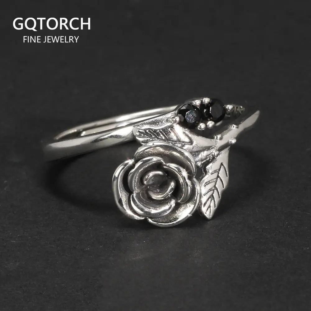 Real 925 Sterling Silver Jewelry Rose Flower Rings For Women With Black Zircon Stone Adjustable Wedding Rings For Women - GQTORCH Jewelry