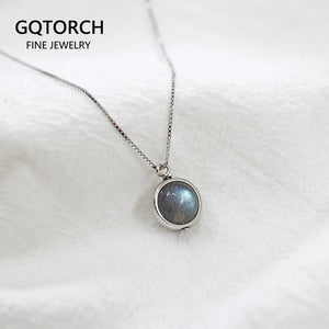 Real Pure 925 Sterling Silver Labradorite Pendant Necklace With Box Chain Simple Elegant Natural Gemstone Collier For Women - GQTORCH Jewelry