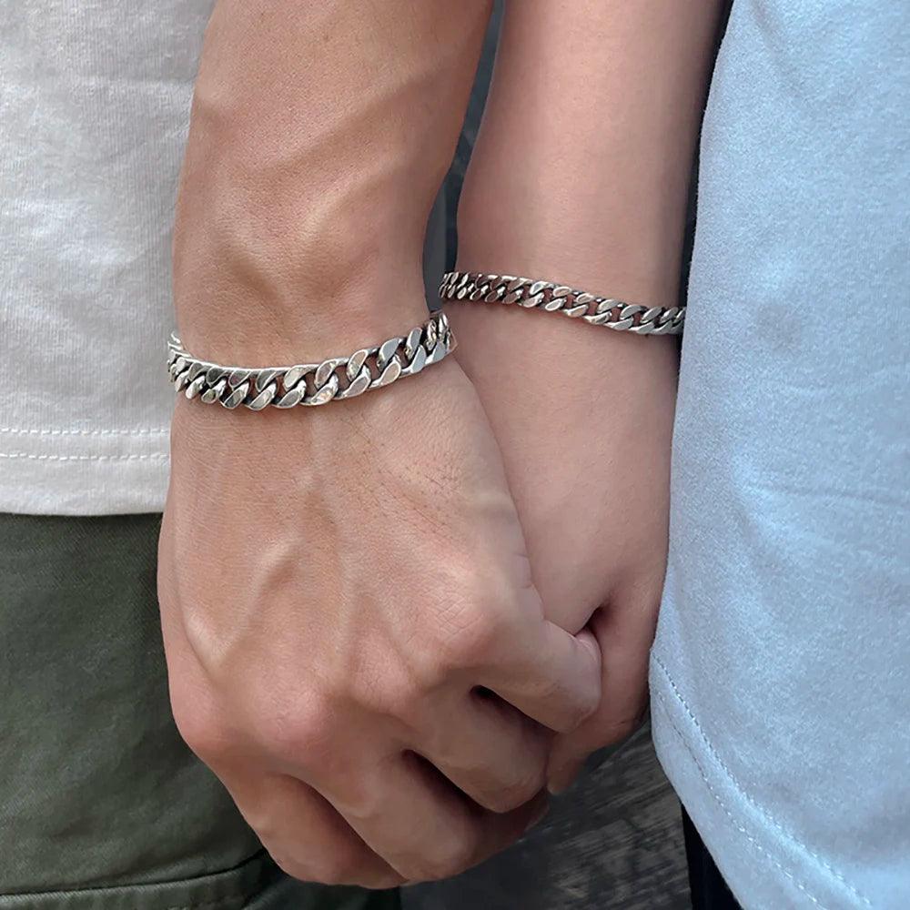 Real 925 Sterling Silver Couple Bracelet 6mm 8mm Hip Hop Rock Punk Cuban Necklace Simple Retro Men's and Women's Jewelry - GQTORCH Jewelry