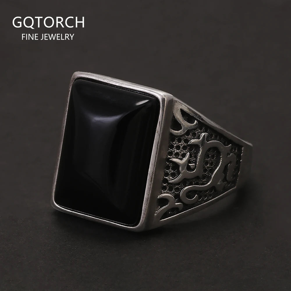 925 Sterling Silver Black Onyx Signet Ring for Men Natural Stone Cool Retro Vintage Punk Turkish Rings Biker Male Jewelry Gift