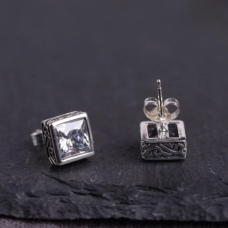 S925 Sterling Silver Vintage Craft Black Agatestud Earrings Women Simple Square Zircon Earrings Thai Silver Jewelry - GQTORCH Jewelry