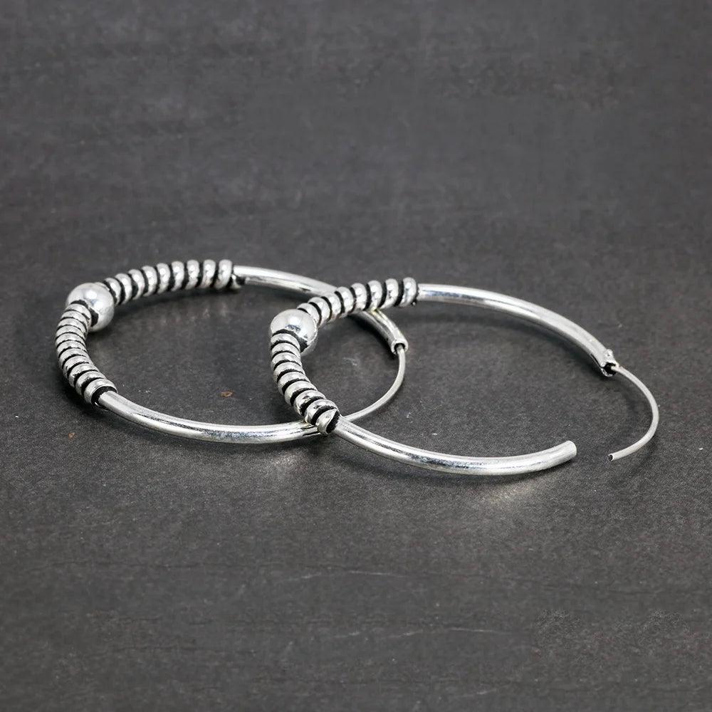 Real 925 Sterling Silver Round Earrings Fashion Hoop Circle Earrings With Coils Beads Handmade Jewelry Accessories - GQTORCH Jewelry