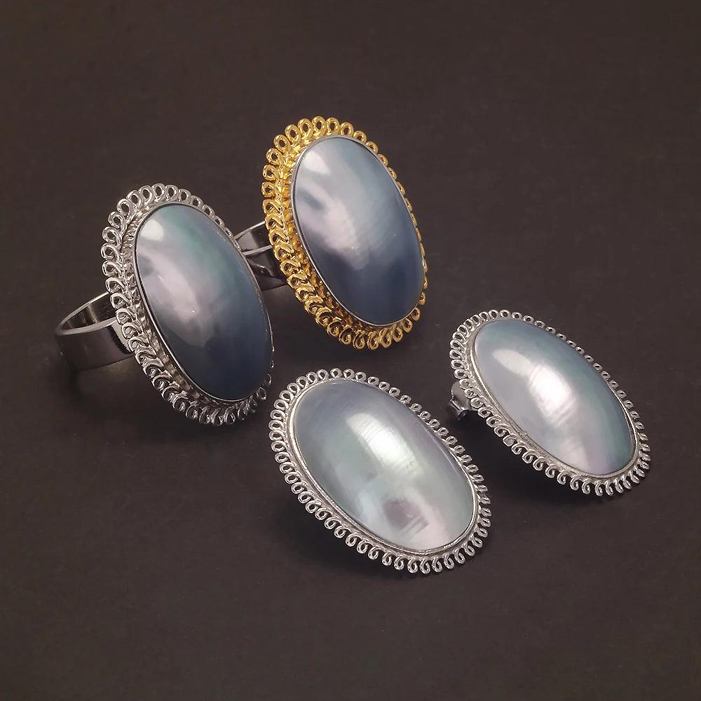 925 Sterling Silver Mabe Pearl Ring Stud Earrings for Women Exaggerated Large Statement Party Jewelry Gift - GQTORCH Jewelry