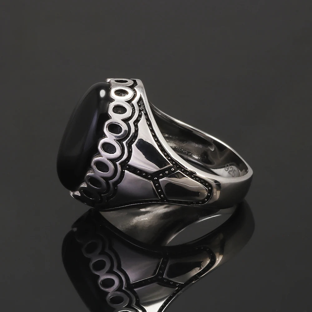 Authenic 925 Sterling Silver Men's Signet Ring with Black/Red Agate Vintage Trendy Wedding Rings Unisex Handmade Turkey Jewelry