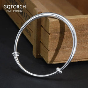 Solid 999 Sterling Silver Simple Push-pull Bracelet Women and Kids Smooth Minimalist Jewelry First Birthday Gift - GQTORCH Jewelry