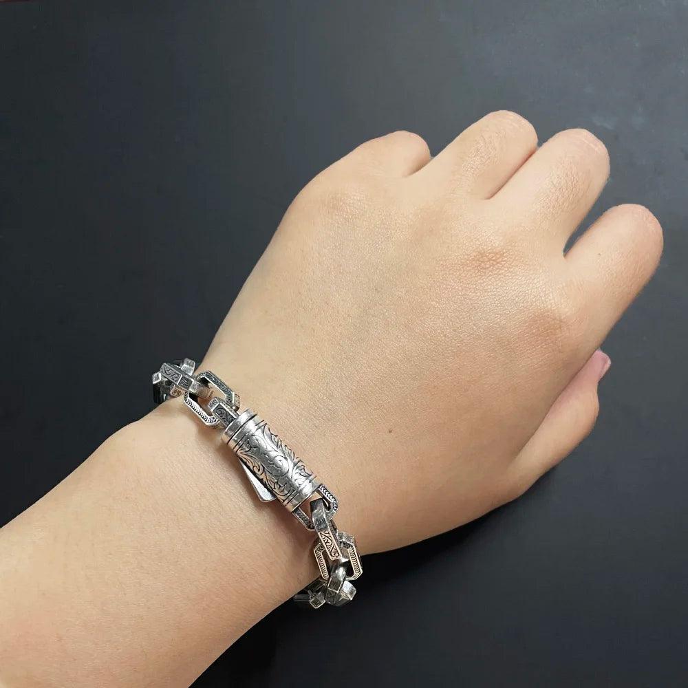 Solid 925 Sterling Silver Vintage Rattan Lace Bracelet For Men Safety Buckle Handmade Viking Mens Jewelry - GQTORCH Jewelry