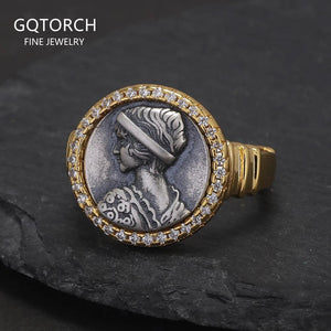S925 Silver Gold Plating Cameo Ring with Zircon Women Opening Type Vintage Round Coin Rings Fine Jewelry Gift - GQTORCH Jewelry