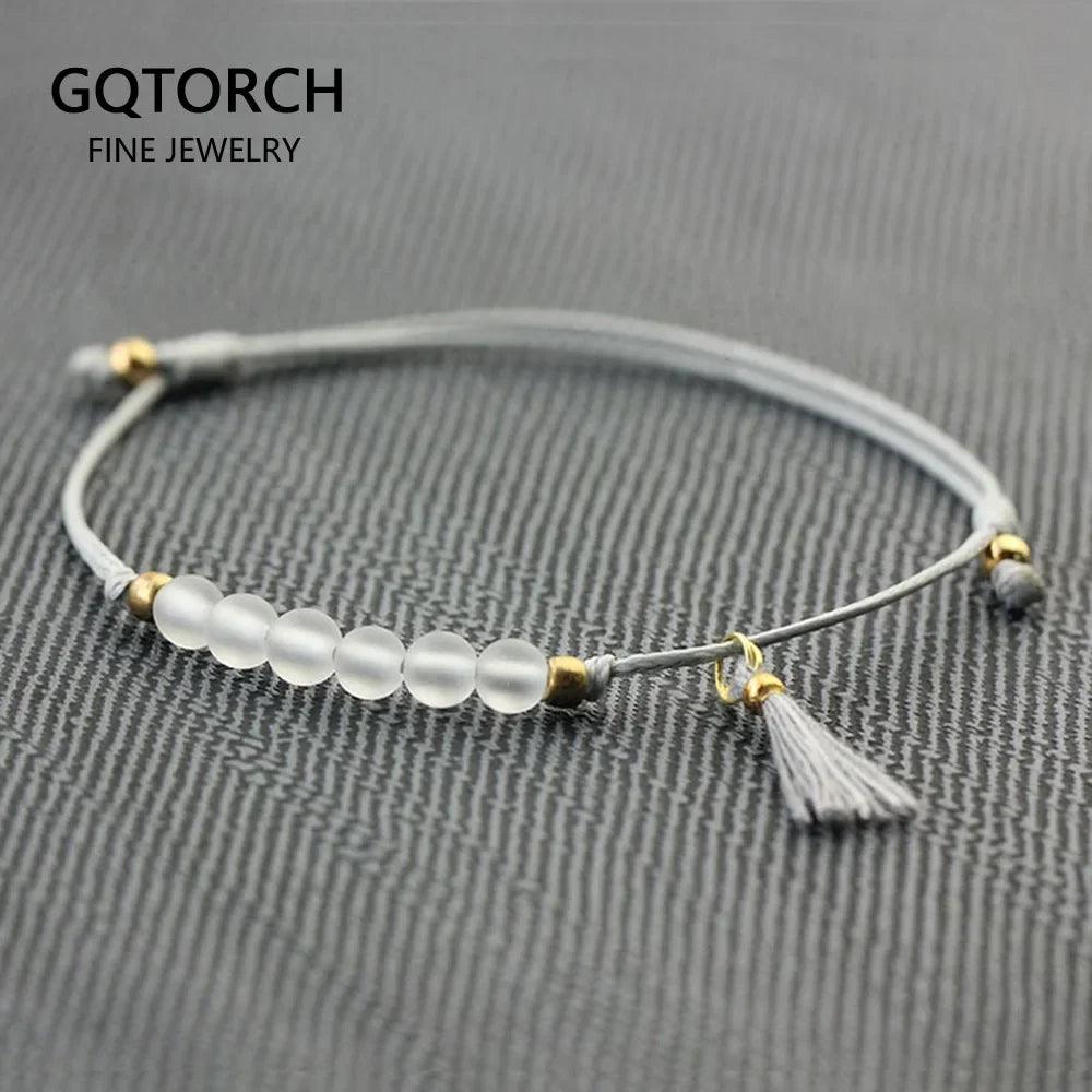 Women Elegant Bracelet Tassel Handmade Minimalist Hand String With Natural White Crystal Stone Beads 4mm Bracelets Adjustable - GQTORCH Jewelry