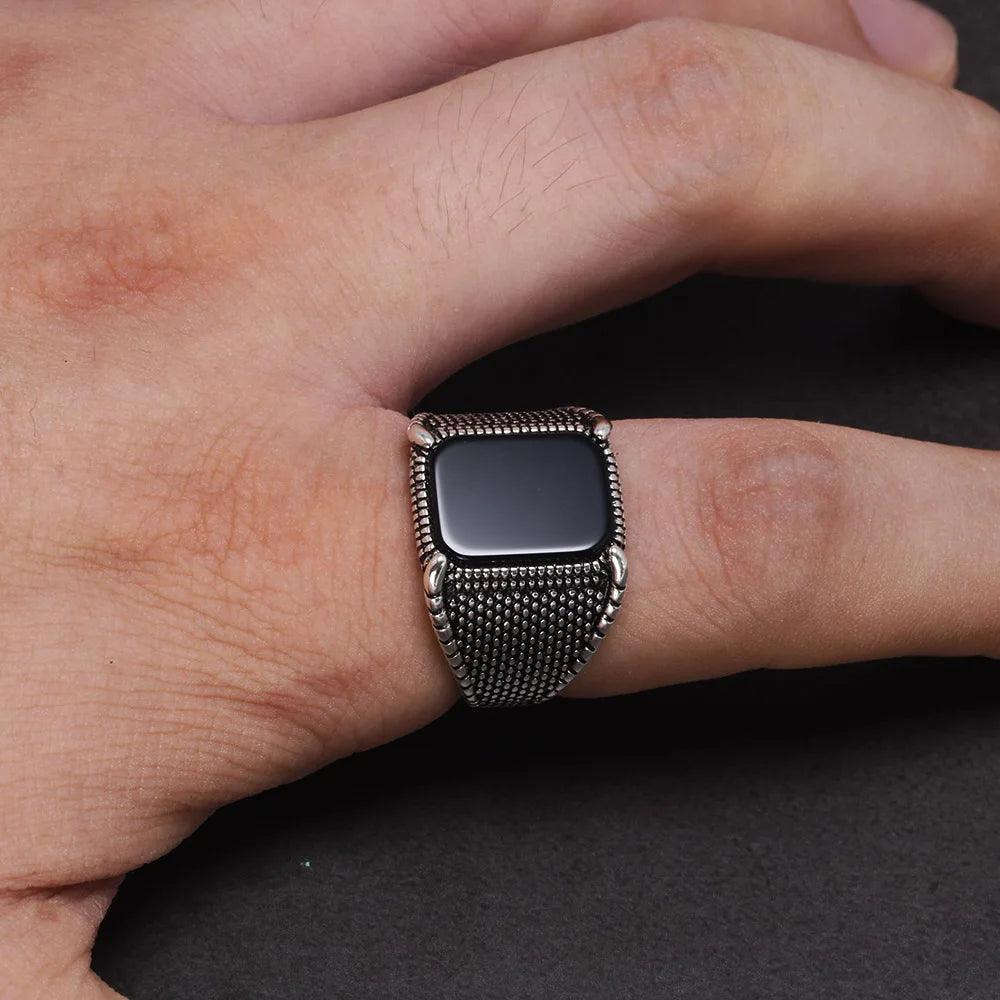 Real 925 Sterling Silver Mens Rings Black Natural Agate Stone With Claws Vintage Cool Fashion Turkey Jewelry - GQTORCH Jewelry