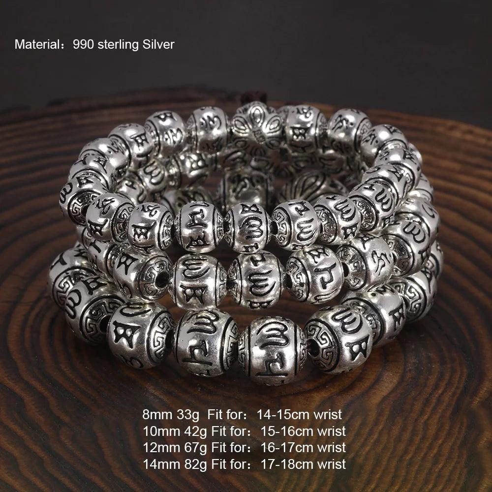 Genuine 990 Silver Buddhist Bracelet Men's Rosary Beads Engraved with Six Words Om Mani Padme Hum Prayer Bungee - GQTORCH Jewelry