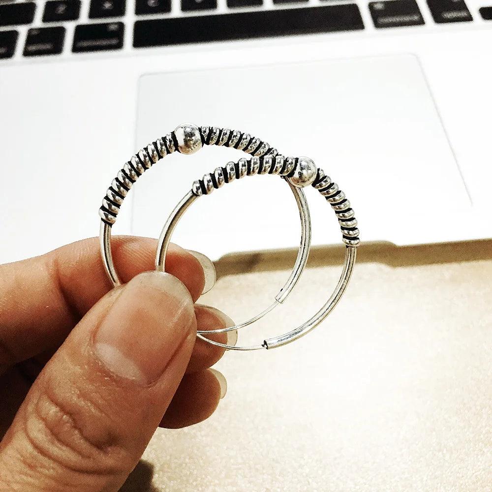 Real 925 Sterling Silver Round Earrings Fashion Hoop Circle Earrings With Coils Beads Handmade Jewelry Accessories - GQTORCH Jewelry