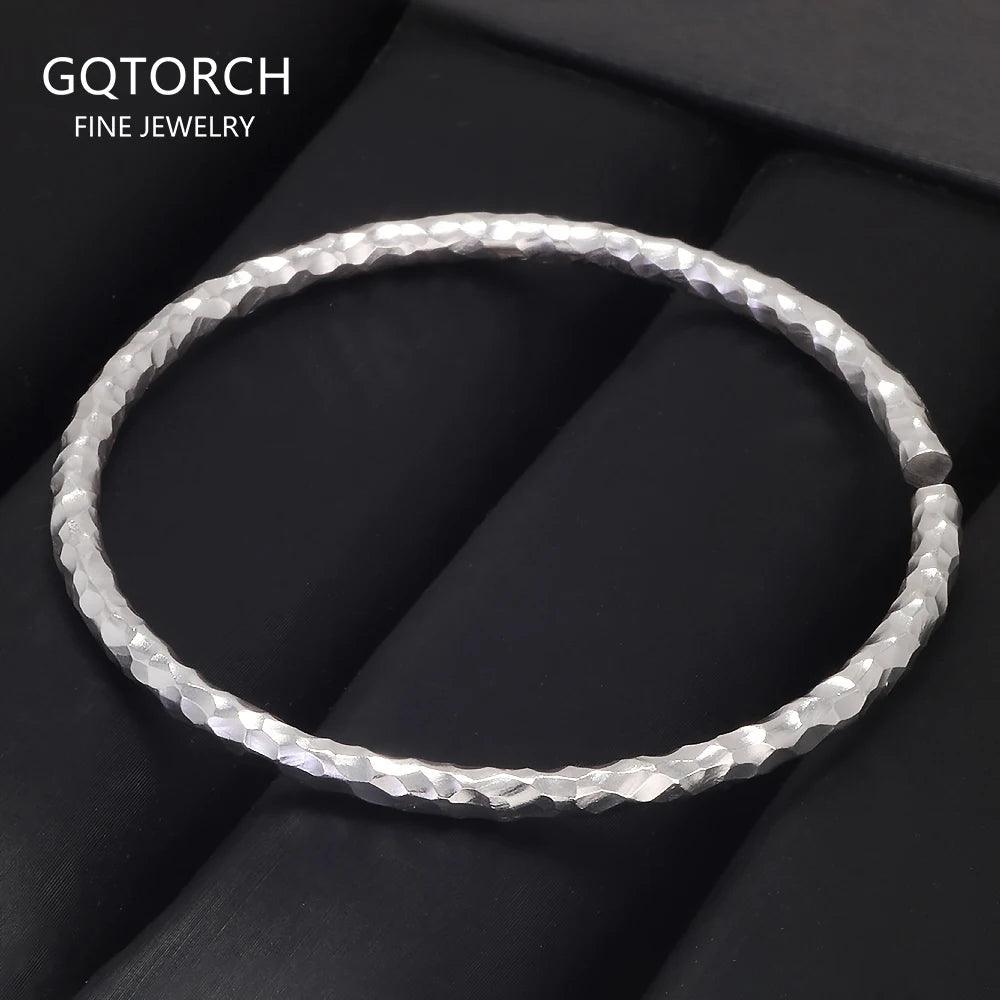 Solid 999 Pure Silver Hammered Cuff Bangle for Women Minimalist Retro Design Birthday Party Jewelry for Lady - GQTORCH Jewelry