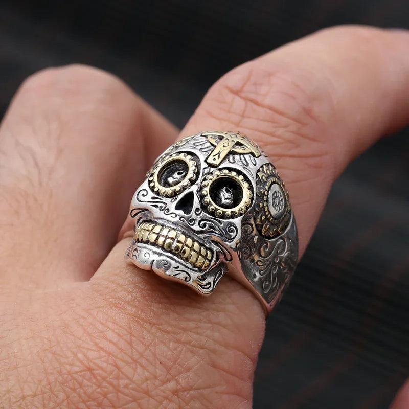 Real Solid 925 Sterling Silver Sugar Skull Rings For Men Mexican Rings Retro Gold Color Cross Sun Flower Engraved Punk Jewelry - GQTORCH Jewelry