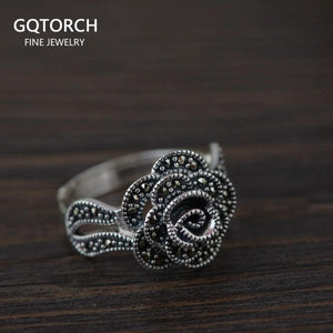 Real 925 Sterling Silver Rose Rings for Women Marcasite Setting Opening Type Rings Retro Antique Style - GQTORCH Jewelry