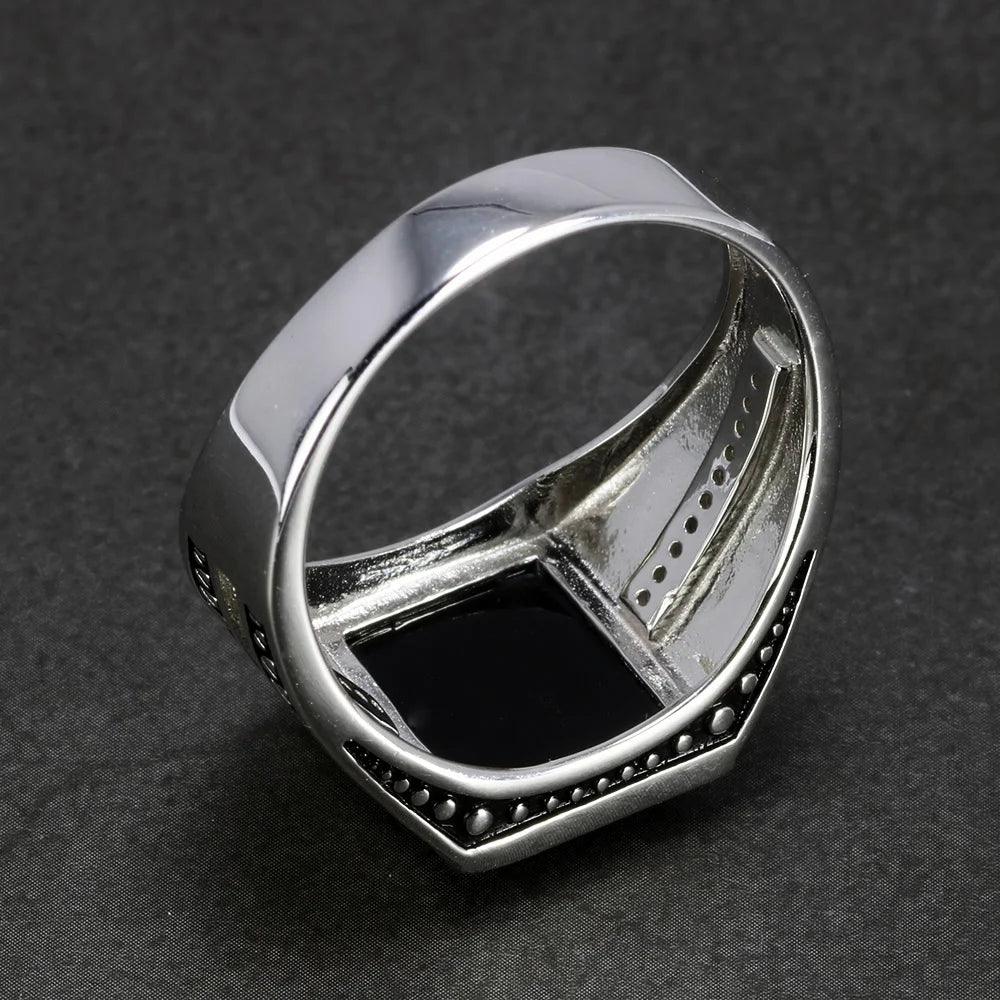 Real 925 Sterling Silver Black Onyx Ring For Men Natural Stone Micro Paved Cubic Zircon Simple Lines Design Turkish Jewelry - GQTORCH Jewelry