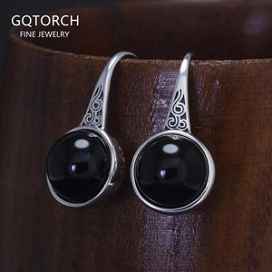 Stamped 925 Sterling Silver Black Onyx Drop Earrings for Women Round Natural Stone Simple Vintage Earrings Fashion Fine Jewelry - GQTORCH Jewelry