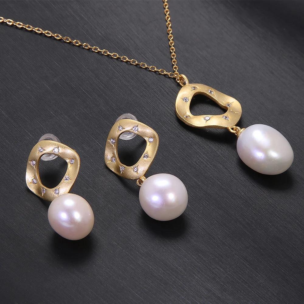 S925 Silver Gold Plated Pearl Necklace and Earrings Natural Freshwater Pearl Jewelry Set Matte Geometric Elegant Accessories - GQTORCH Jewelry