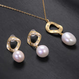 S925 Silver Gold Plated Pearl Necklace and Earrings Natural Freshwater Pearl Jewelry Set Matte Geometric Elegant Accessories - GQTORCH Jewelry