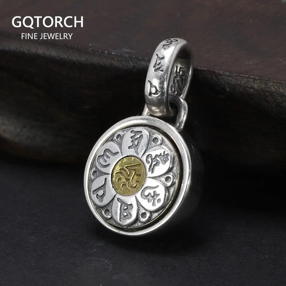 Real 925 Sterling Silver Six True Words Mantra Pendant Necklace Om Mani Padme Hum Rotatable Lucky Retro Religious Jewelry - GQTORCH Jewelry