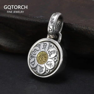 Real 925 Sterling Silver Six True Words Mantra Pendant Necklace Om Mani Padme Hum Rotatable Lucky Retro Religious Jewelry - GQTORCH Jewelry