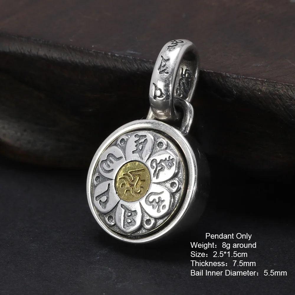 Real 925 Sterling Silver Six True Words Mantra Pendant Necklace Om Mani Padme Hum Rotatable Lucky Retro Religious Jewelry - GQTORCH Jewelry
