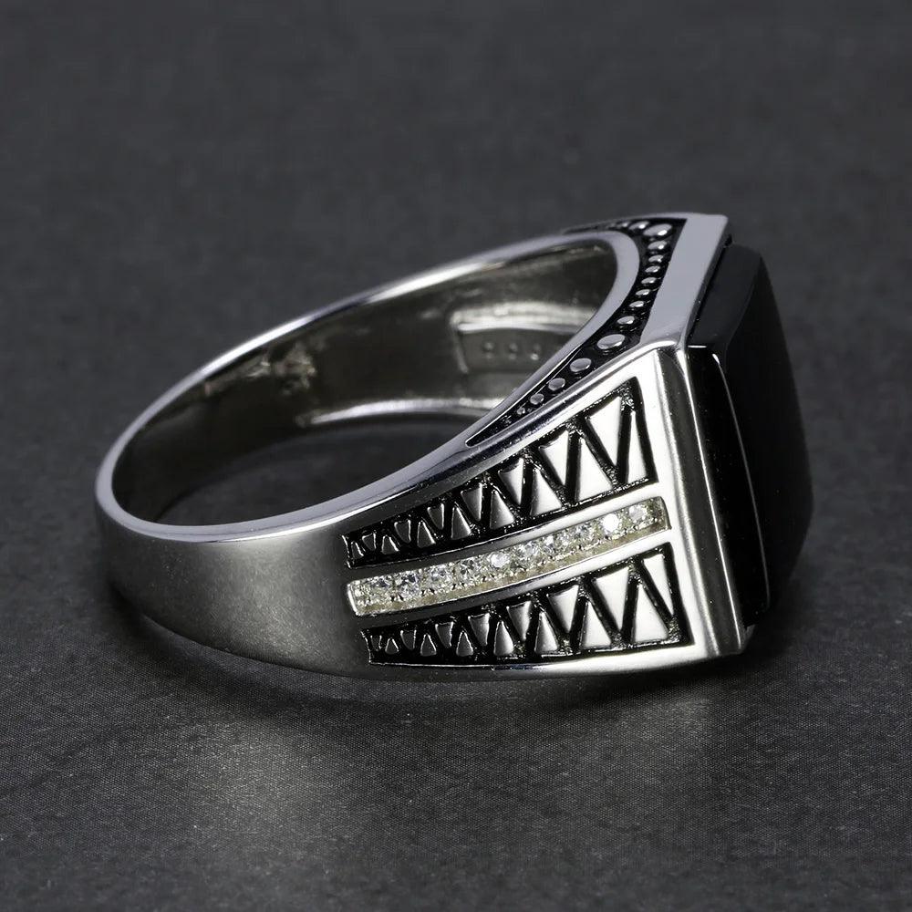 Real 925 Sterling Silver Black Onyx Ring For Men Natural Stone Micro Paved Cubic Zircon Simple Lines Design Turkish Jewelry - GQTORCH Jewelry