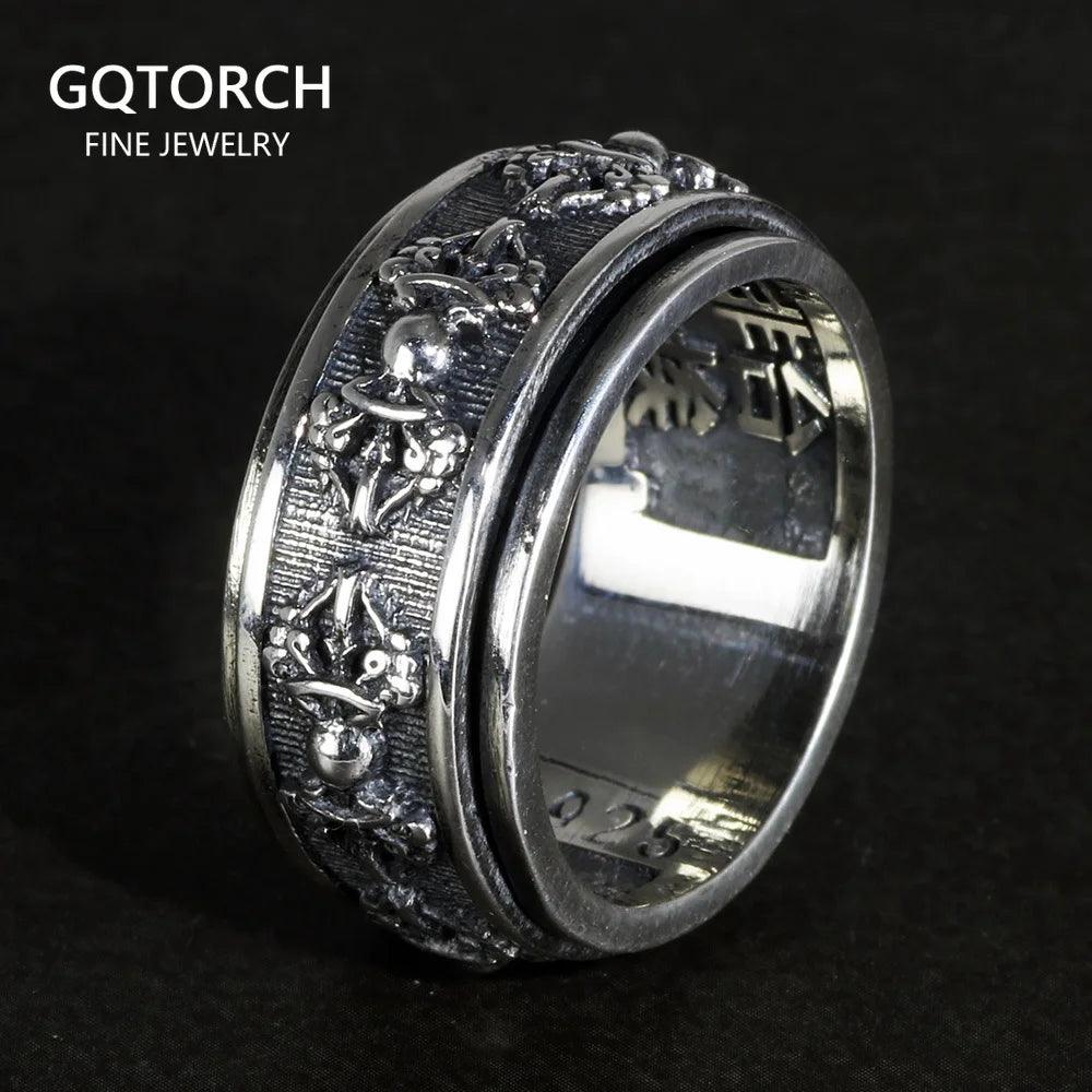 Real 925 Sterling Silver Vajry Rings For Men 10mm Rotatable Shift Luck Scriptures Engraved Tibetan Buddhist Jewelry - GQTORCH Jewelry