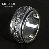 Real 925 Sterling Silver Vajry Rings For Men 10mm Rotatable Shift Luck Scriptures Engraved Tibetan Buddhist Jewelry - GQTORCH Jewelry