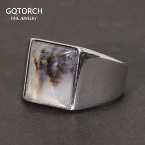 Real Pure 925 Sterling Silver Mens Rings with Natural Agate Original Color Simple Turkish Rings Trendy Male Jewelry - GQTORCH Jewelry