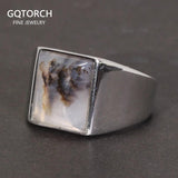 Real Pure 925 Sterling Silver Mens Rings with Natural Agate Original Color Simple Turkish Rings Trendy Male Jewelry - GQTORCH Jewelry