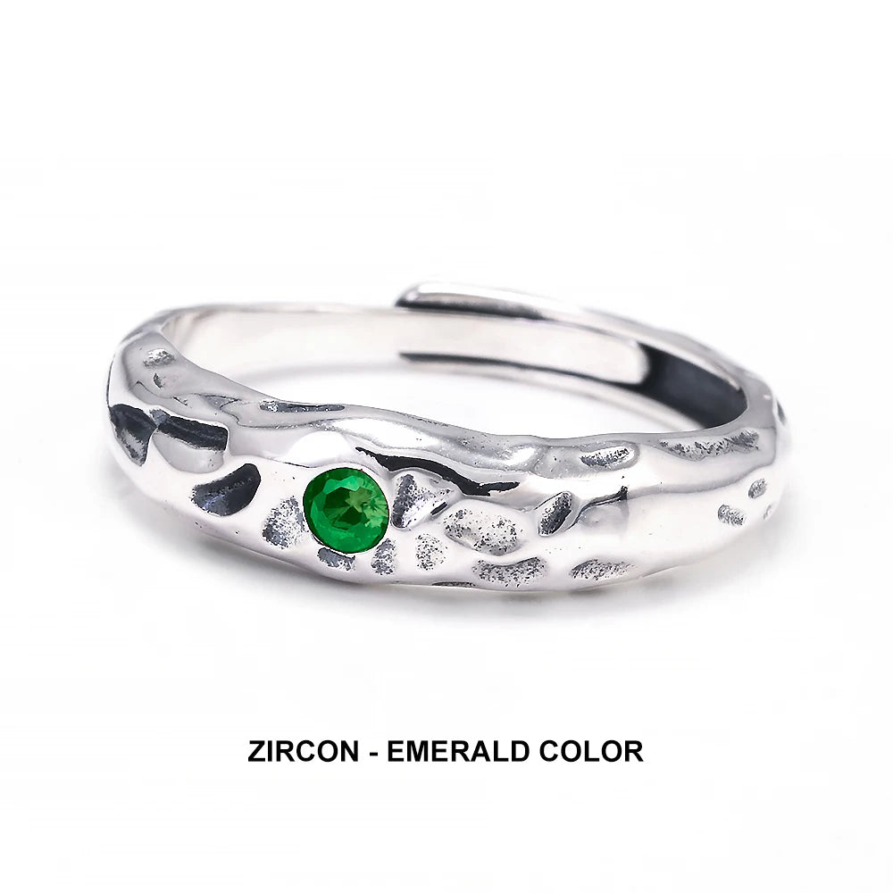 Solid 925 Sterling Silver Zircon Birthstone Ring for Women Irregular Hammered Adjustable Simple Fashion Daily Jewelry Party Gift