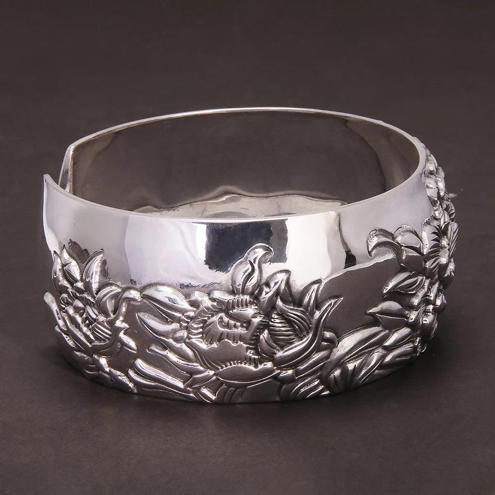999 Pure Silver Peony Flower Cuff Bangle for Women Large Exaggerated Wide Ethnic Style Female Jewelry Gift for Mom - GQTORCH Jewelry