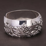 999 Pure Silver Peony Flower Cuff Bangle for Women Large Exaggerated Wide Ethnic Style Female Jewelry Gift for Mom - GQTORCH Jewelry