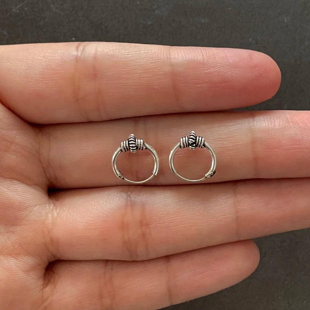 Real 925 Sterling Silver Hoop Earrings With String Ball Retro Antique Style Thai Silver Jewelry For Women Men Cool Fashion - GQTORCH Jewelry